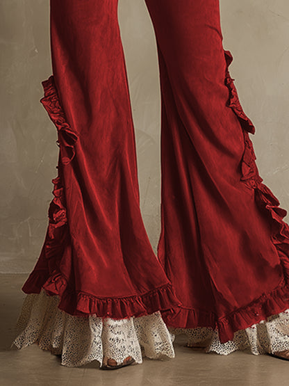 Stylish Retro Ruffled Red Faux Suede Flared Pants