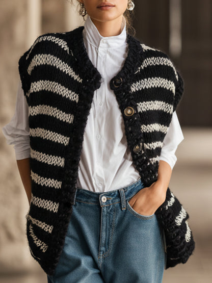 Classic And Versatile Black And White Striped Knit Vest