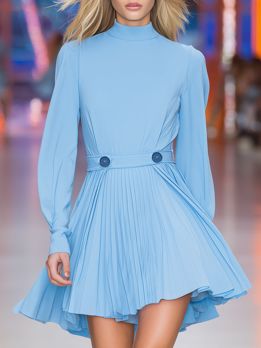 Stylish And Casual Blue Round Neck Pleated Mini Dress