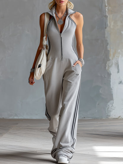 Retro Sporty Striped Trim Light Gray Lapel Narrow Shoulder Cotton Sleeveless Jumpsuit