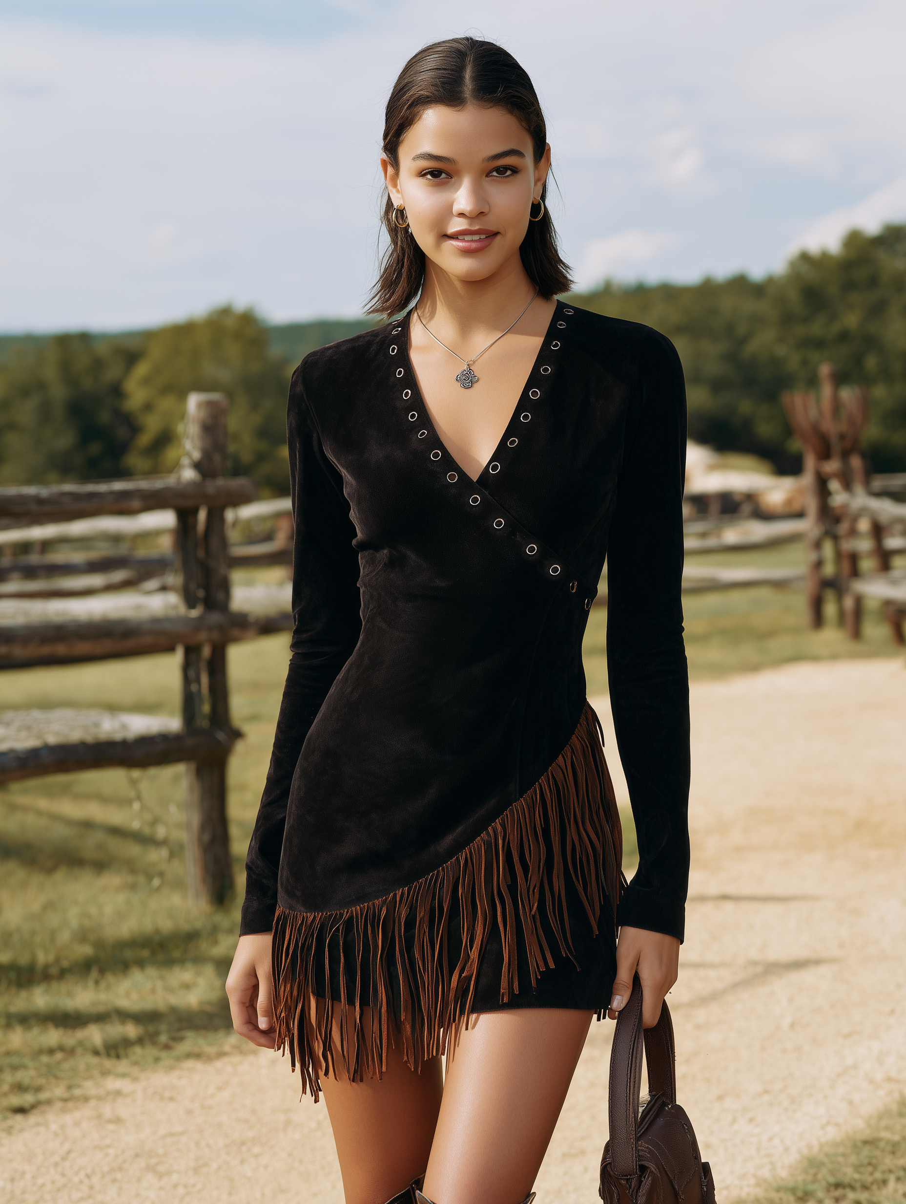 Western-style Black Faux Suede V-neck Mini Dress With Patchwork And Fringe Details