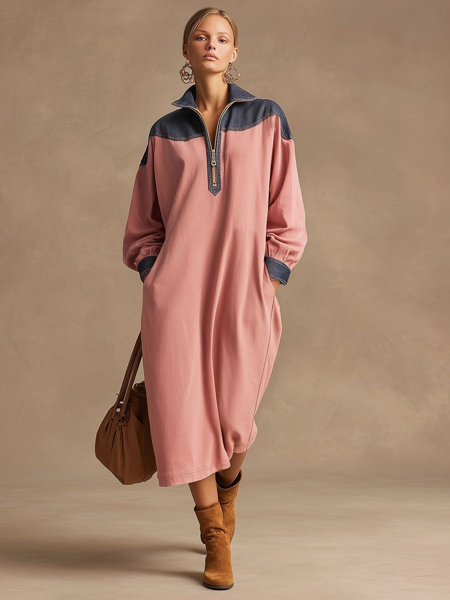 Casual Retro Pink And Blue Denim Long-sleeved Half-zip Midi Dress