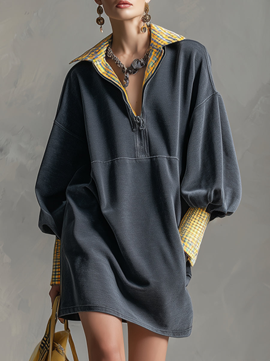 Casual Sporty Plaid Trim Gray Washed Cotton Sweatshirt Mini Dress