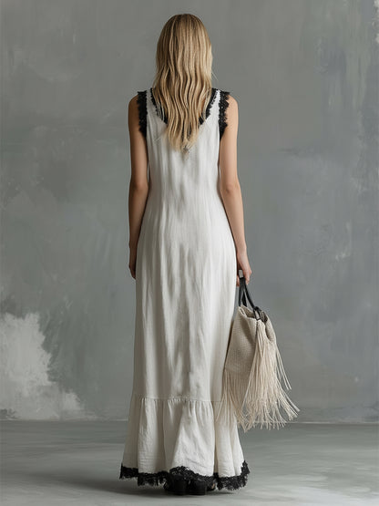 Elegant Urban Style Lace-trimmed White Cotton And Linen Sleeveless Maxi Dress