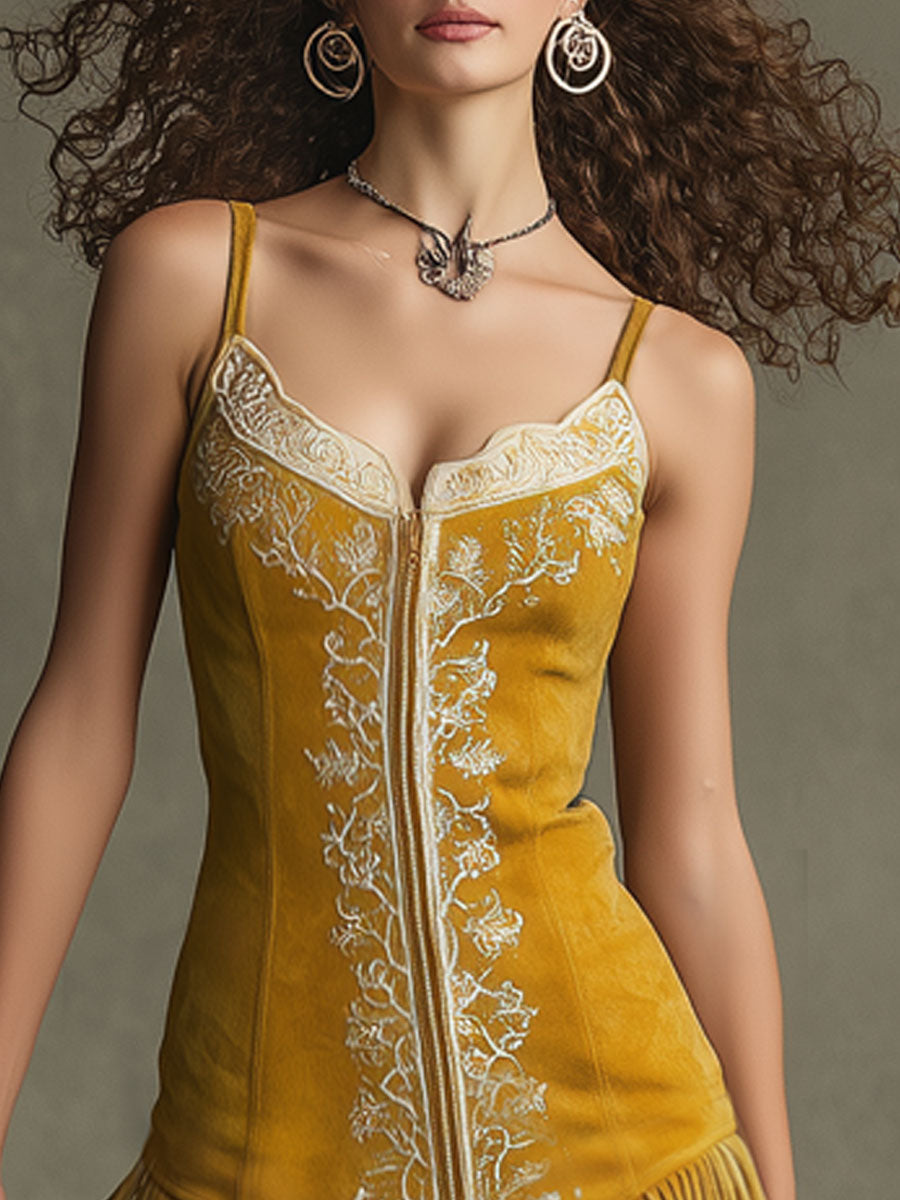 Western Retro Yellow Faux Suede Tassel Embroidered Sleeveless Mini Dress