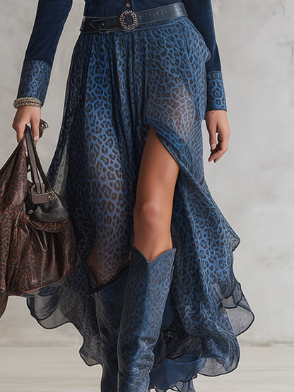 Retro Ethnic Style Blue Faux Suede Patchwork Leopard Print Chiffon Maxi Dress
