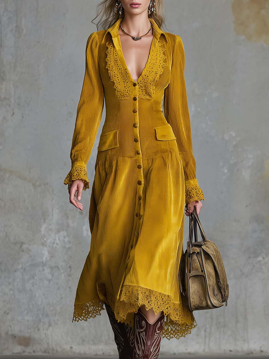 Vintage Western Elegant V-neck Front Button Lace Trim Gold Corduroy Midi Dress
