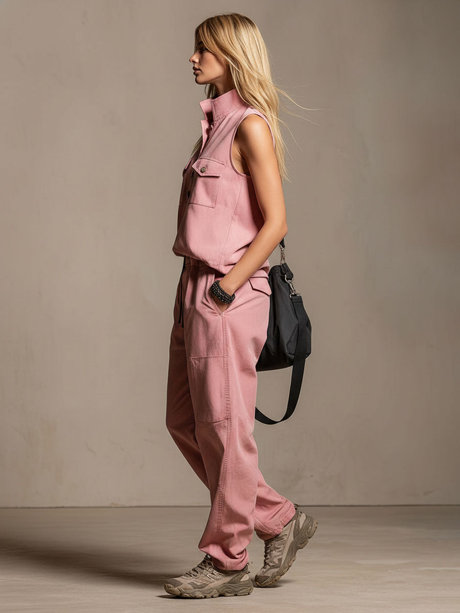 Stand-collar Half-open Neck Sleeveless Top And Trousers Set