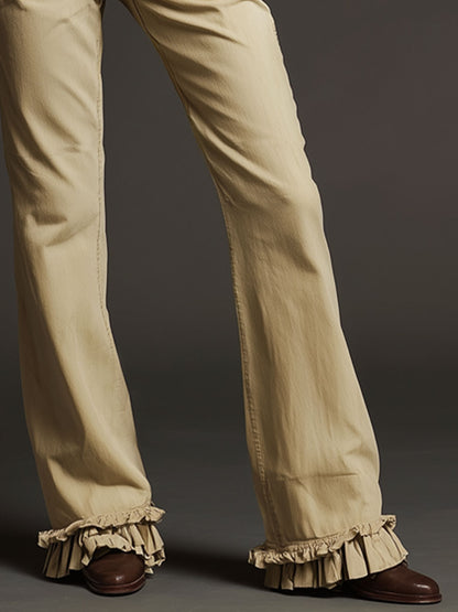Casual Retro Cotton Fabric Ruffled Light Khaki Straight-leg Flared Pants
