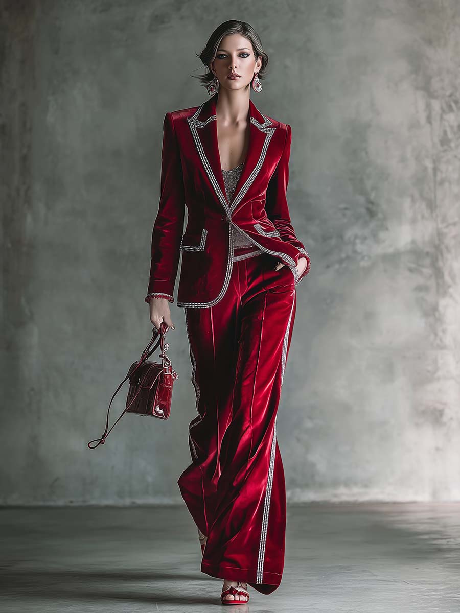 Elegant Retro Exquisite Silver Trim Peak Lapel Dark Red Velvet Blazer And Pants Set