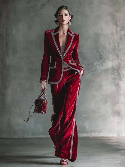 Elegant Retro Exquisite Silver Trim Peak Lapel Dark Red Velvet Blazer And Pants Set