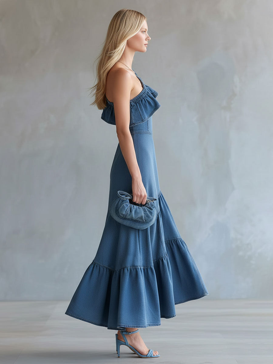 One-shoulder Ruffled Sleeveless Denim Maxi Dress