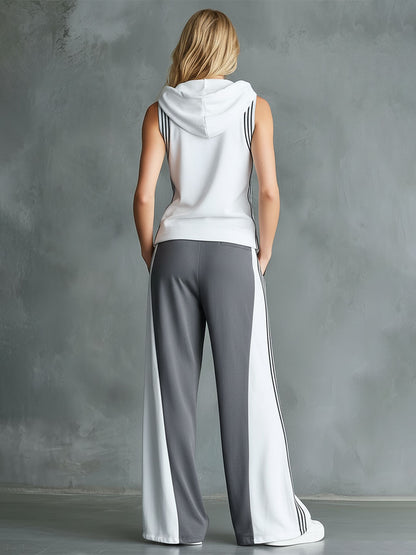 Casual Sporty Color-Block Hooded Sleeveless Top And Wide-Leg Pants Set