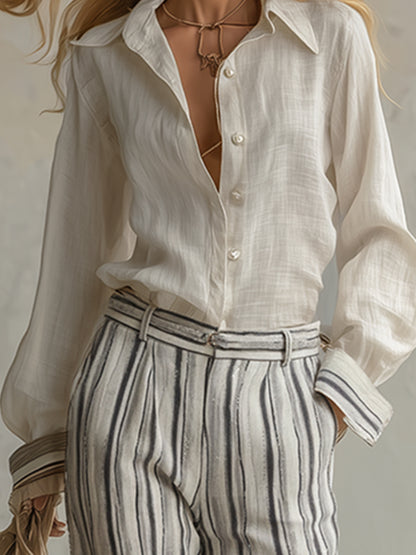 Elegant And Casual Cotton And Linen Off-white Shirt And Striped Wide-leg Pants Set