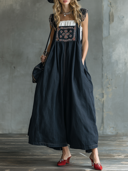 Retro Bohemian Embroidered Suspender Dark Blue Maxi Dress