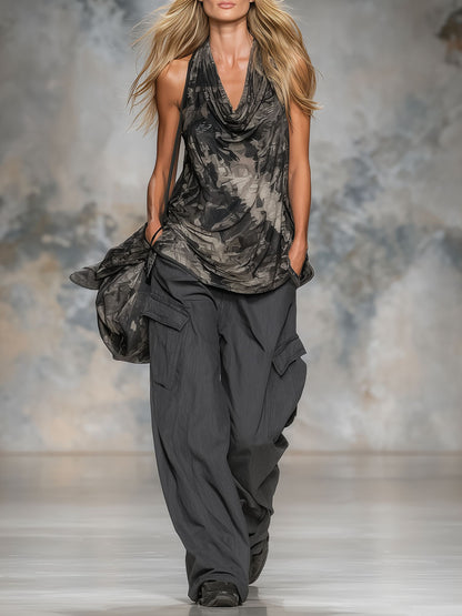 Vintage-style Printed Sleeveless Top And Pants Set