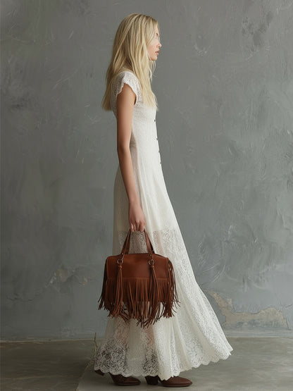 Elegant Vintage Off-white Lace Sleeveless Maxi Dress