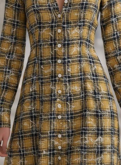 Casual And Stylish White Button-down Yellow And Black Plaid Maxi Dress