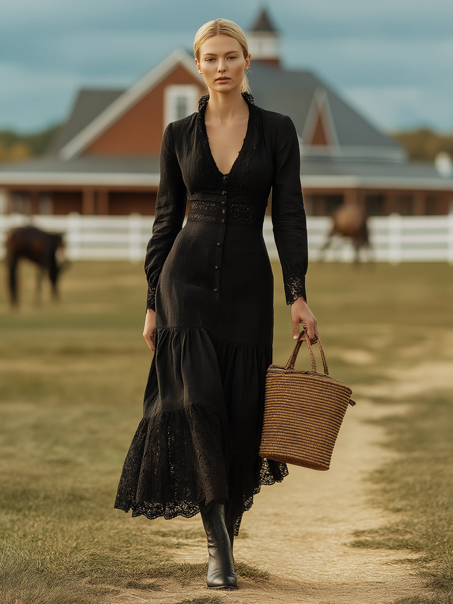 Vintage Black Linen Patchwork Lace Maxi Dress