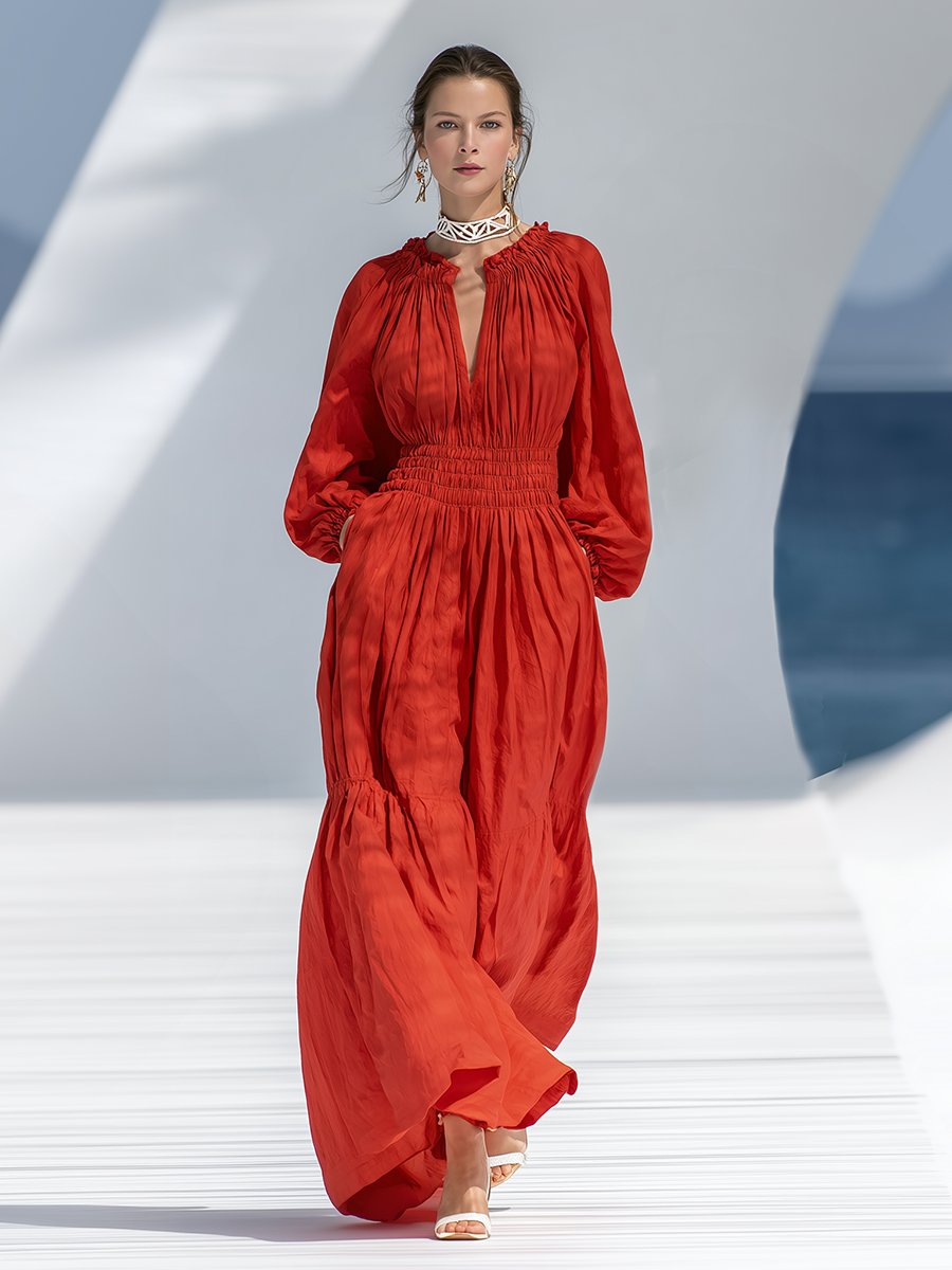 Loose-fitting Bohemian V-neck Elasticated Tulip-shaped Hem Red Cotton Linen Maxi Dress