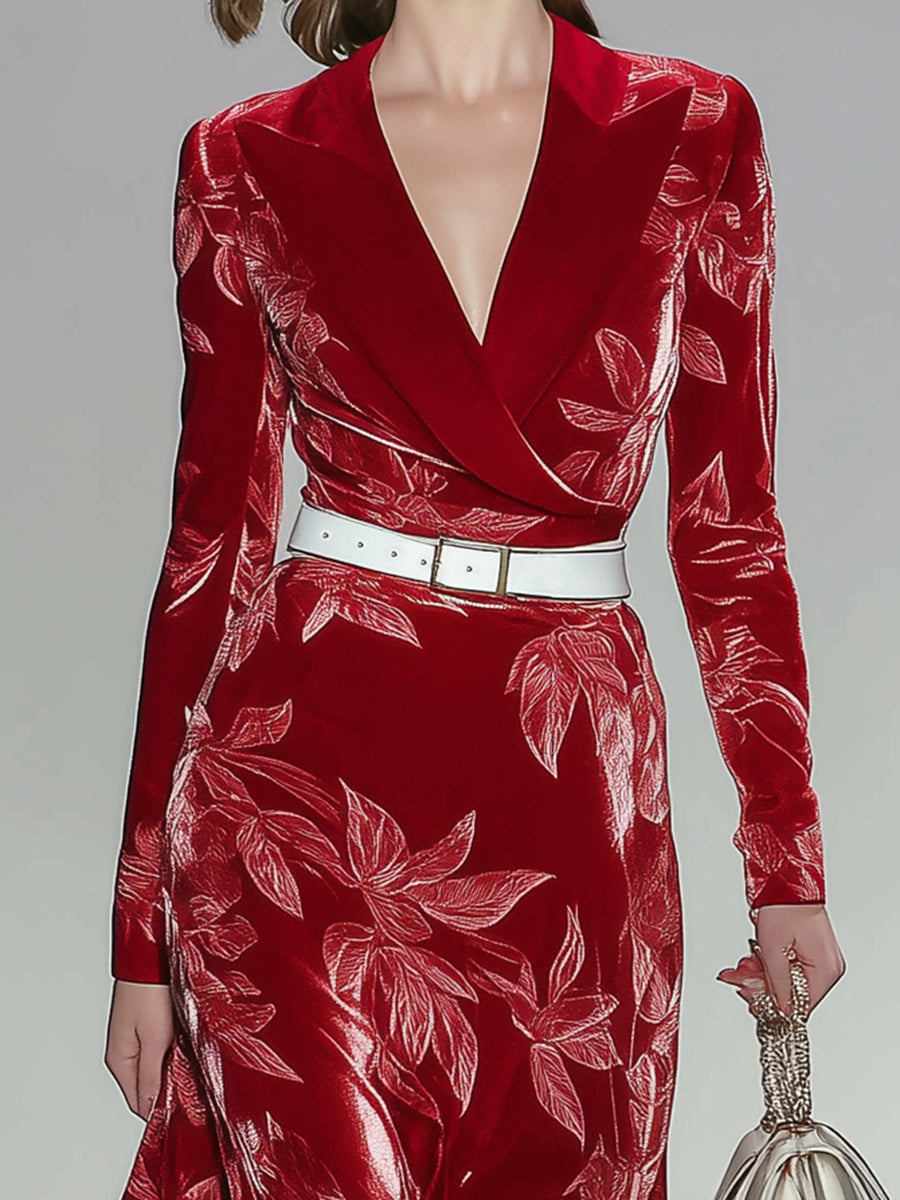 Elegant Red Velvet Maple Leaf Textured Suit Collar Maxi Dress