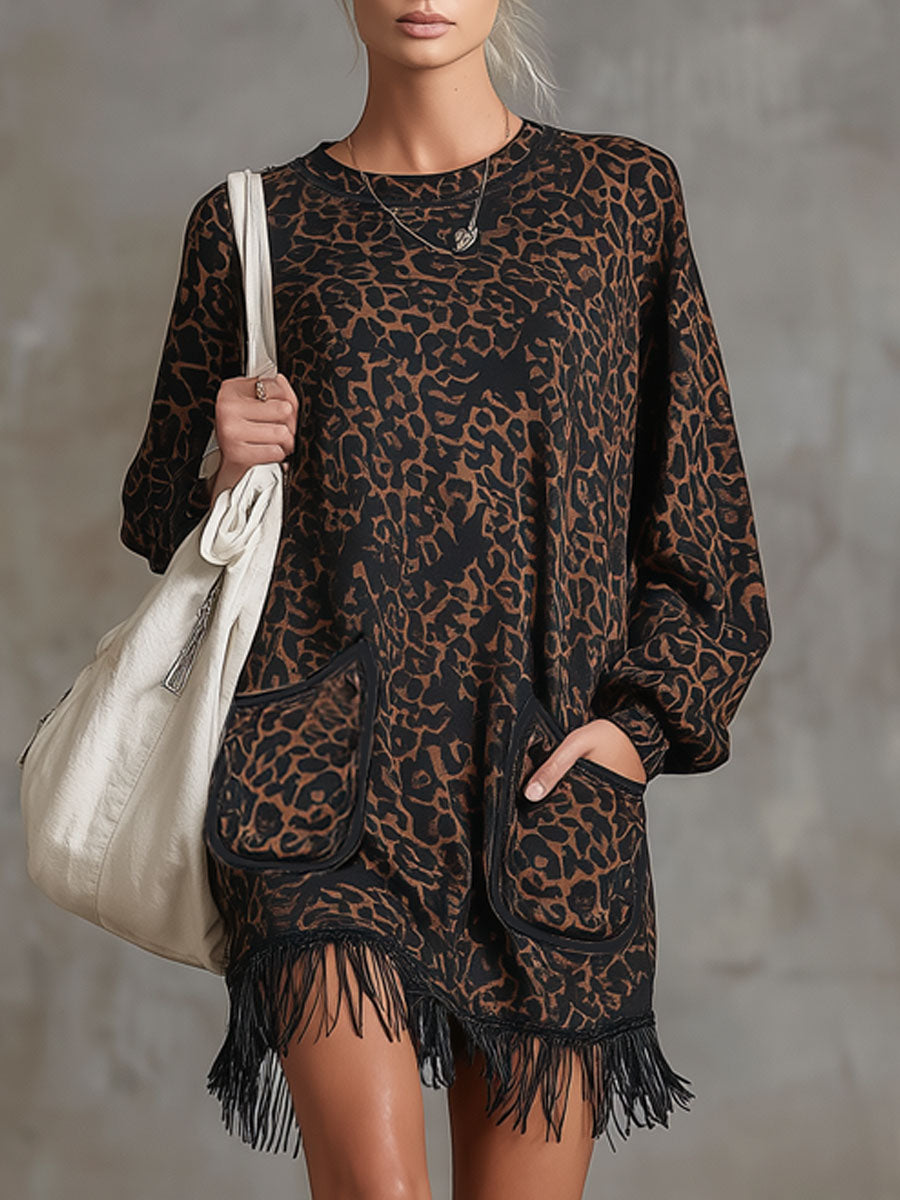 Leopard Print Faux Suede Fringed Crew Neck Long-sleeved Mini Dress