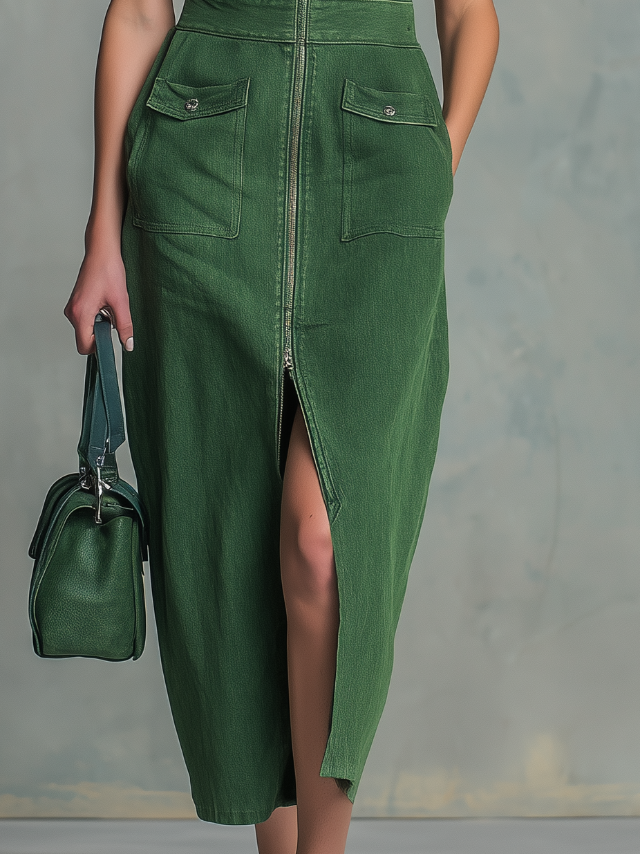 Retro-style Collared Sleeveless Zippered Wide-shoulder Denim Maxi Dress