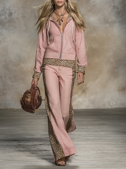 Western-style Pink Linen Zip-up Jacket And Wide-leg Pants  With Leopard Print Details Set