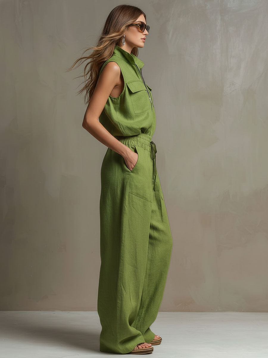 Casual Retro Green Cotton Linen Sleeveless Zip-up Shirt And Wide-leg Pants Set