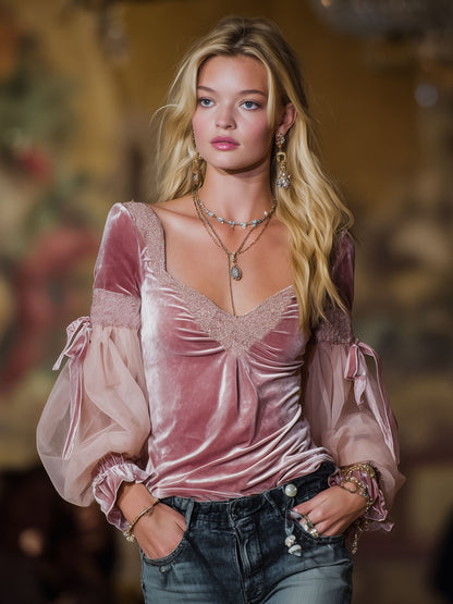 Elegant V-neck Velvet Seersucker Bow Long-sleeved T-shirt