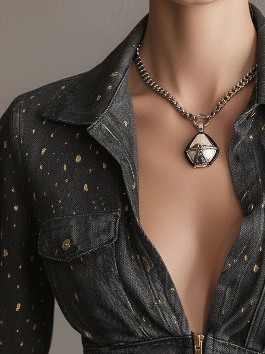 Elegant Polka Dot Gold Foil Gray Tencel Denim Maxi Dress