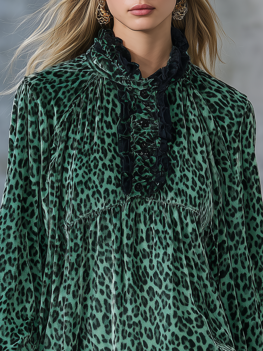 Vintage Elegant Charming Leopard Print Velvet Long-sleeved T-shirt
