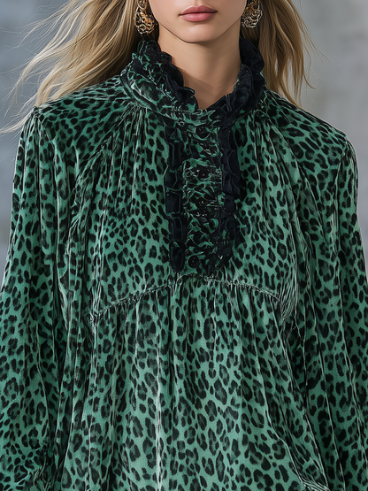 Vintage Elegant Charming Leopard Print Velvet Long-sleeved T-shirt
