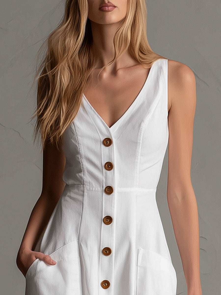 Casual Retro Style Button-down White V-neck Sleeveless Cotton Midi Dress
