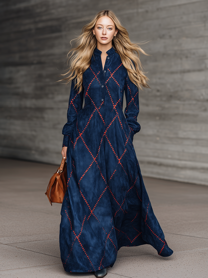 Loose-fitting Western-style Red Diamond-patterned Print Navy Blue Faux Suede Maxi Dress