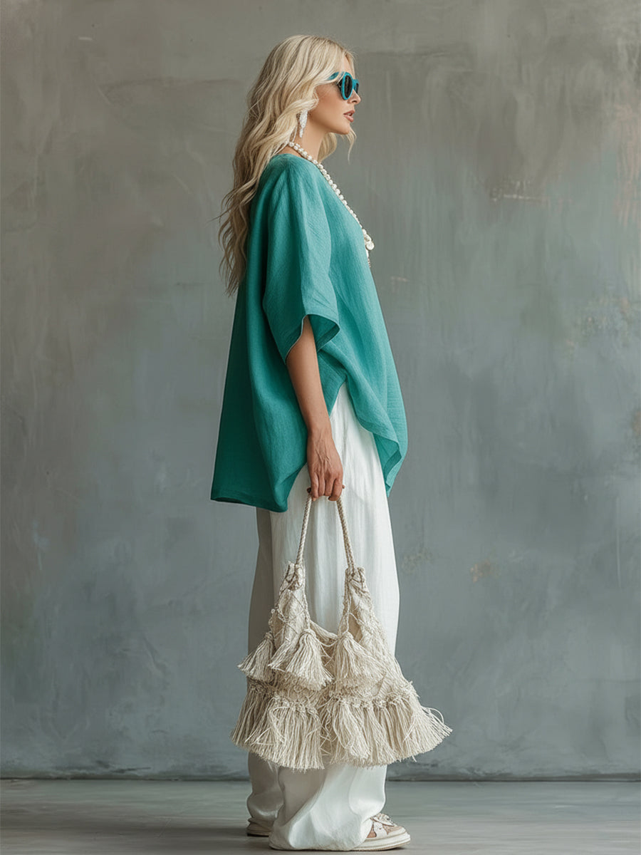 Urban Casual Light Blue-green T-shirt And White Wide-leg Pants Cotton And Linen Set