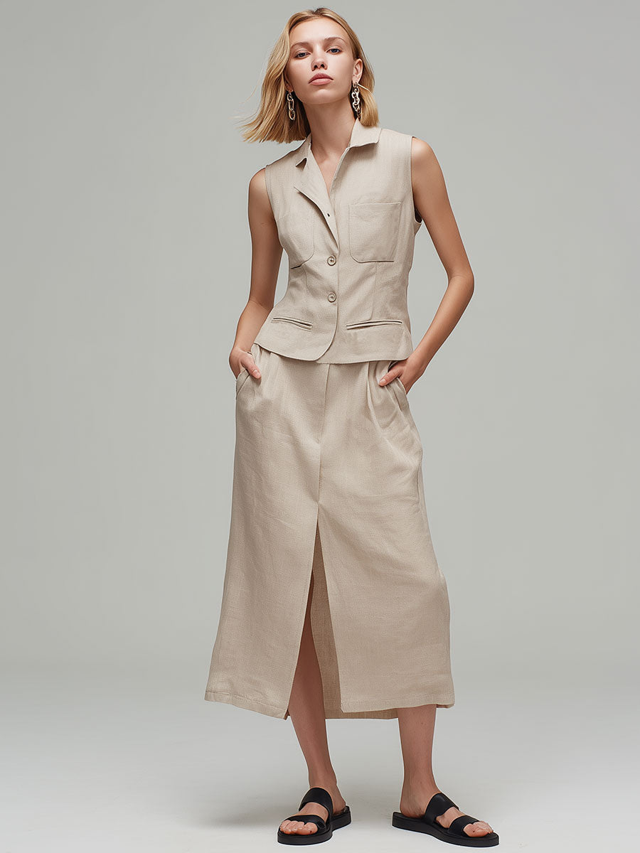 Stylish And Casual Beige Cotton Linen Sleeveless Top And Skirt Set