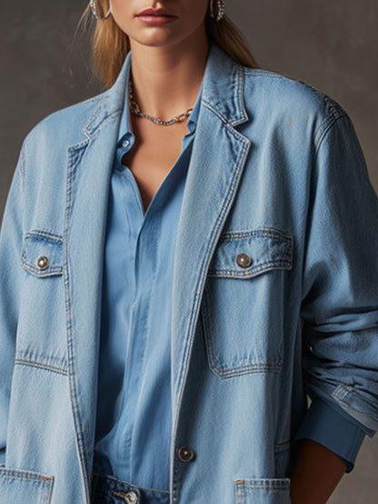 Casual Retro Multi-pocket Light Blue Denim Blazer