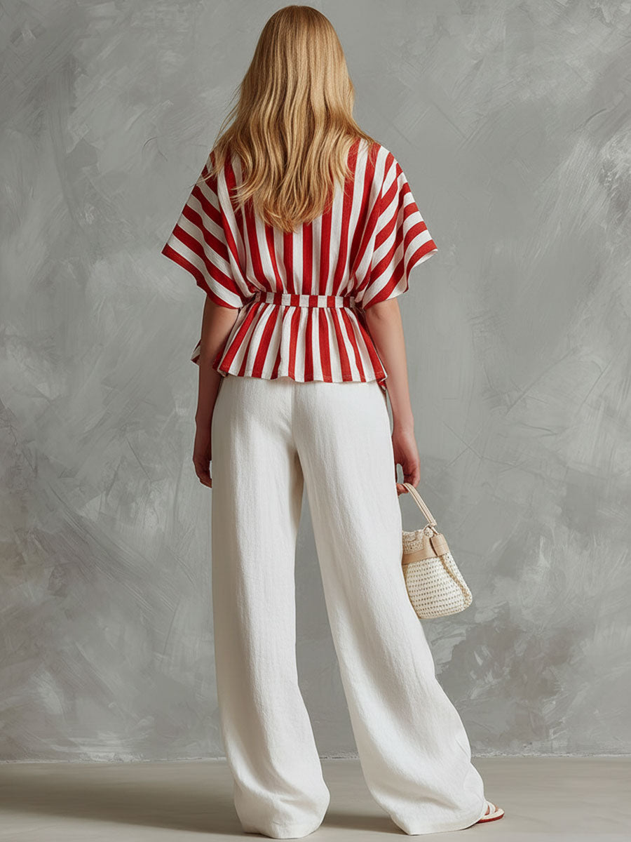 Casual Retro Style Red And White Striped Chiffon Shirt And White Cotton Linen Pants Set
