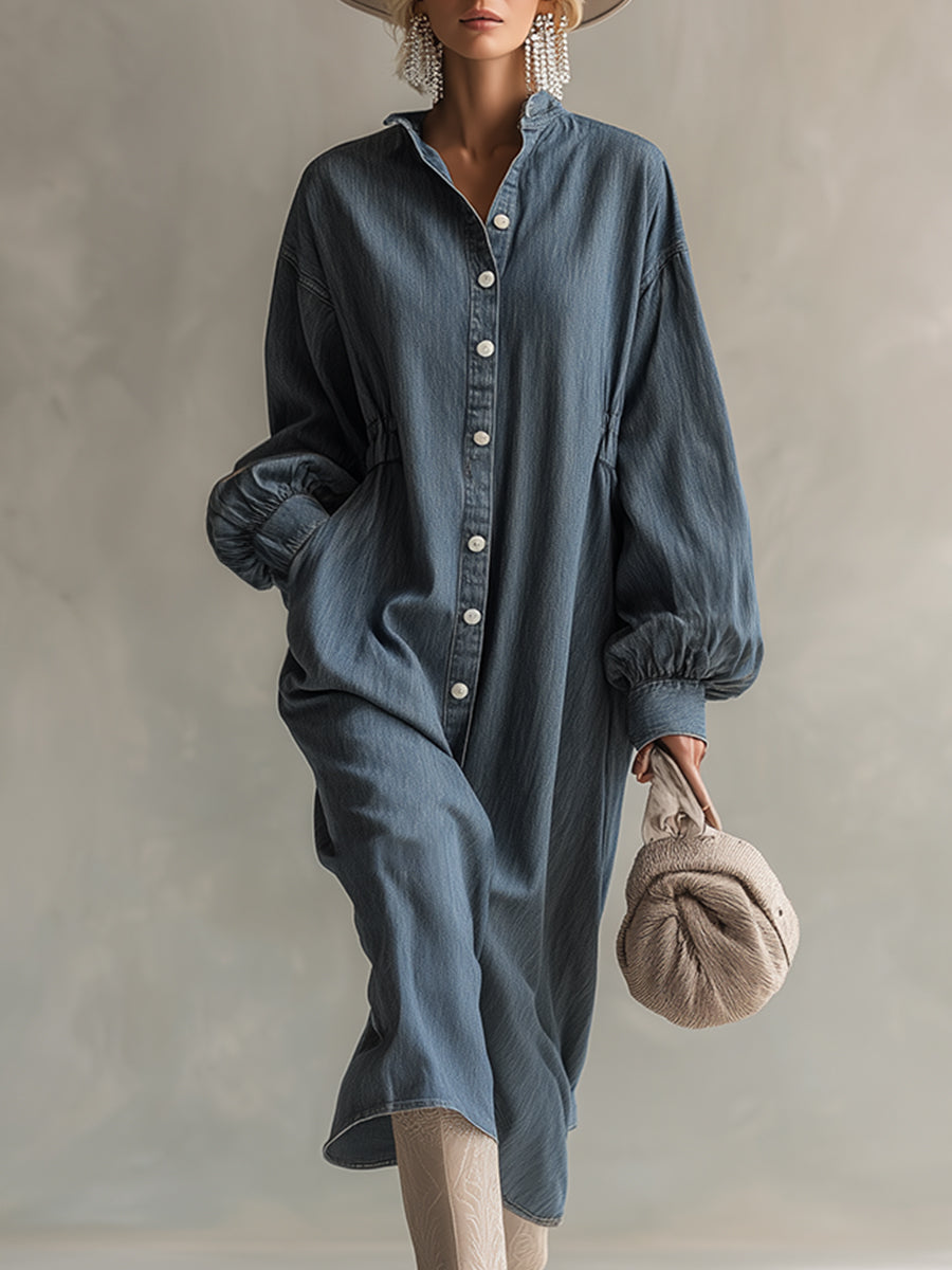 Elegant Silhouette Blue-grey Denim Front Button Midi Dress