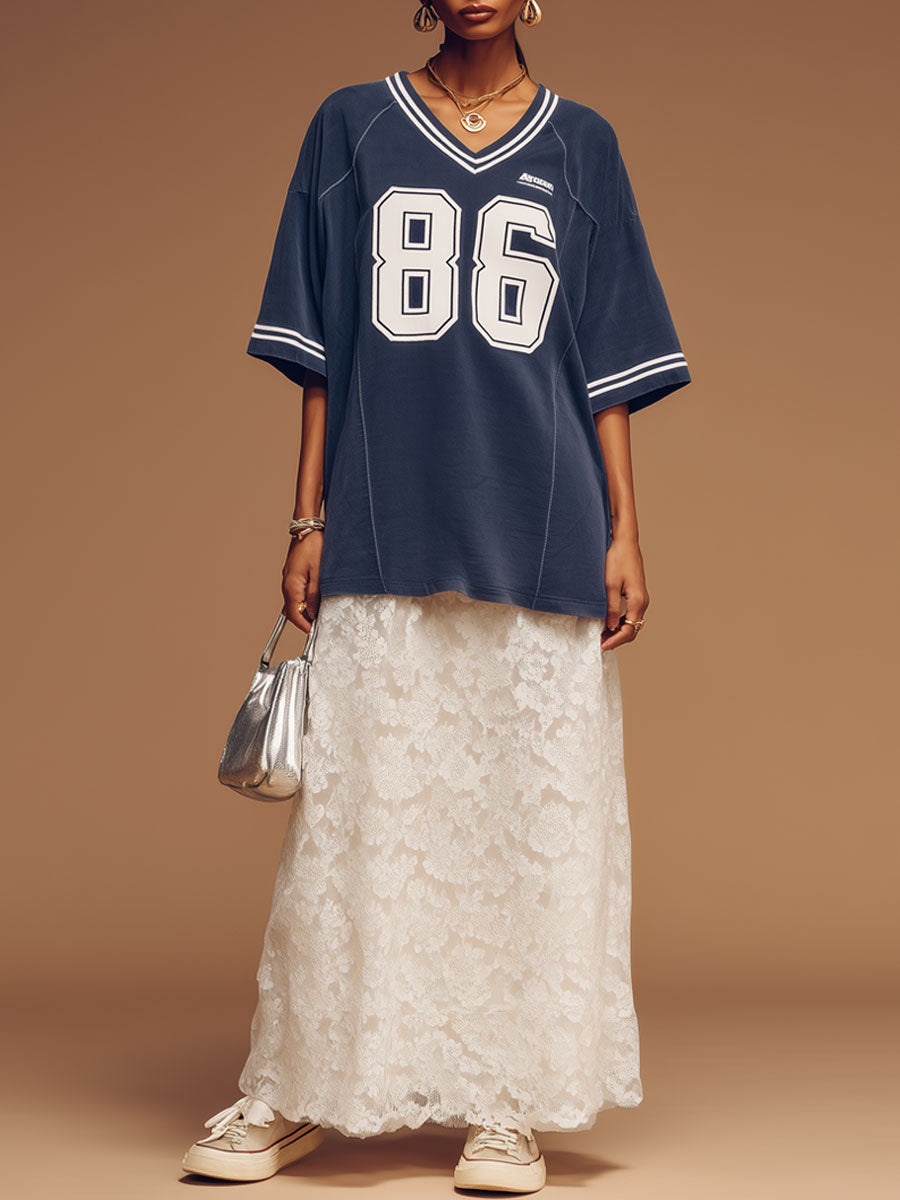 Sporty Retro Letter Short-Sleeve Dark Blue Cotton T-Shirt And Lace Skirt Set