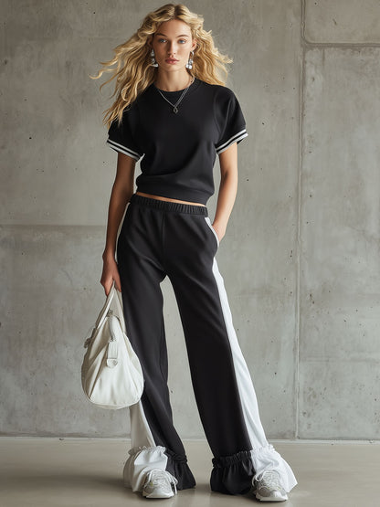 Retro Sporty Black And White Sleeveless Sweatshirt And Ruffled Pants Set