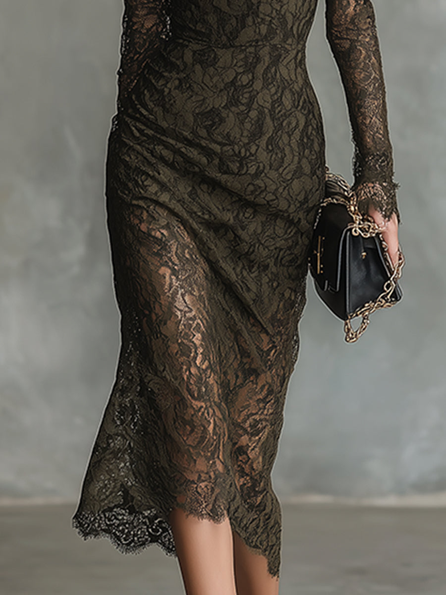 Retro-elegant Green Slightly Stretchy Lace Off-shoulder Long-sleeved Midi Dress