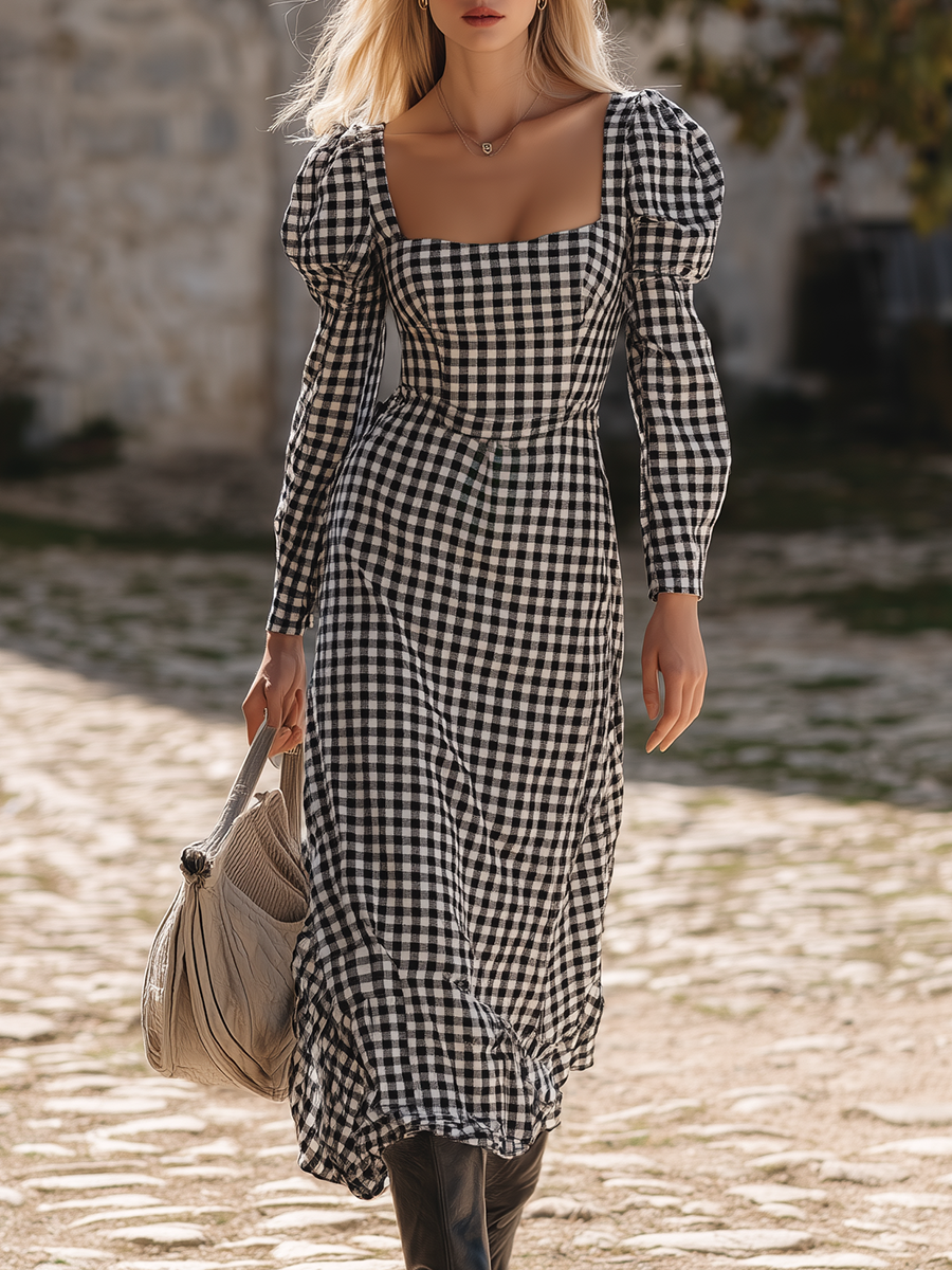 Retro Square Neck Long-sleeved Plaid Midi Dress