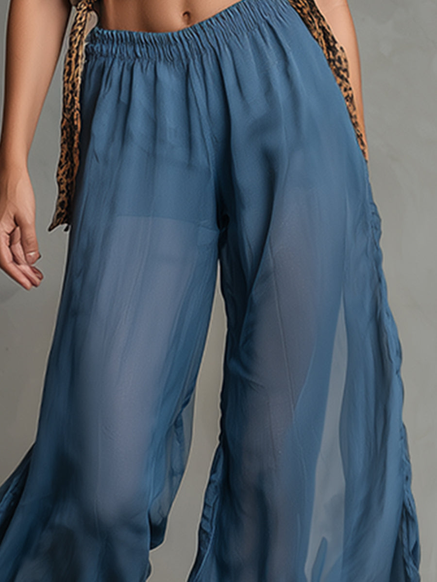 Stylish Leopard Print Trim Blue Chiffon Wide-leg Pants