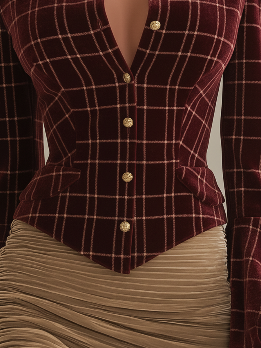 Retro Plaid Printed Velvet Shirt