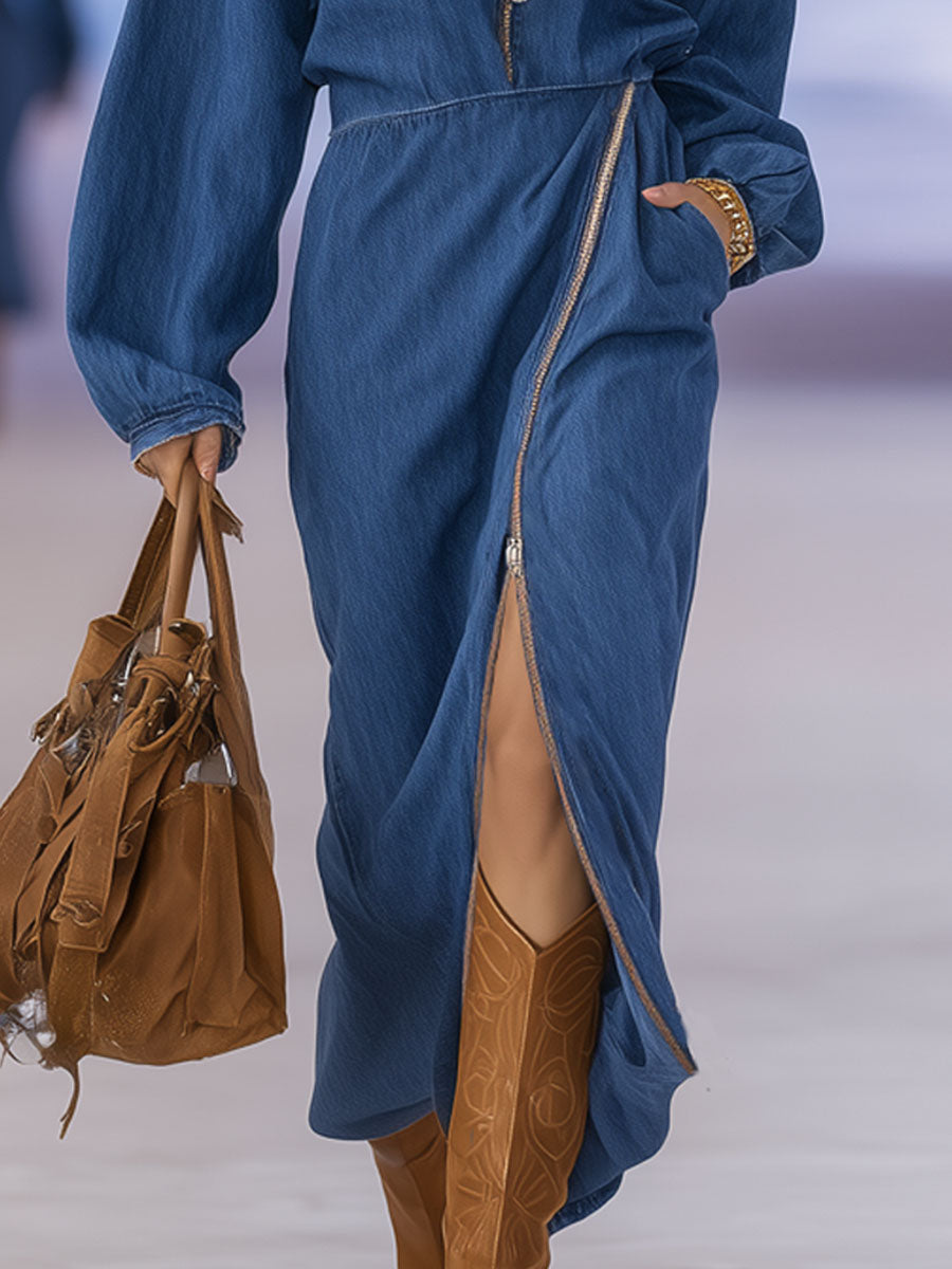 Loose-fitting Collar Zipper Closure Double Pockets Denim Long-sleeved Midi Dress
