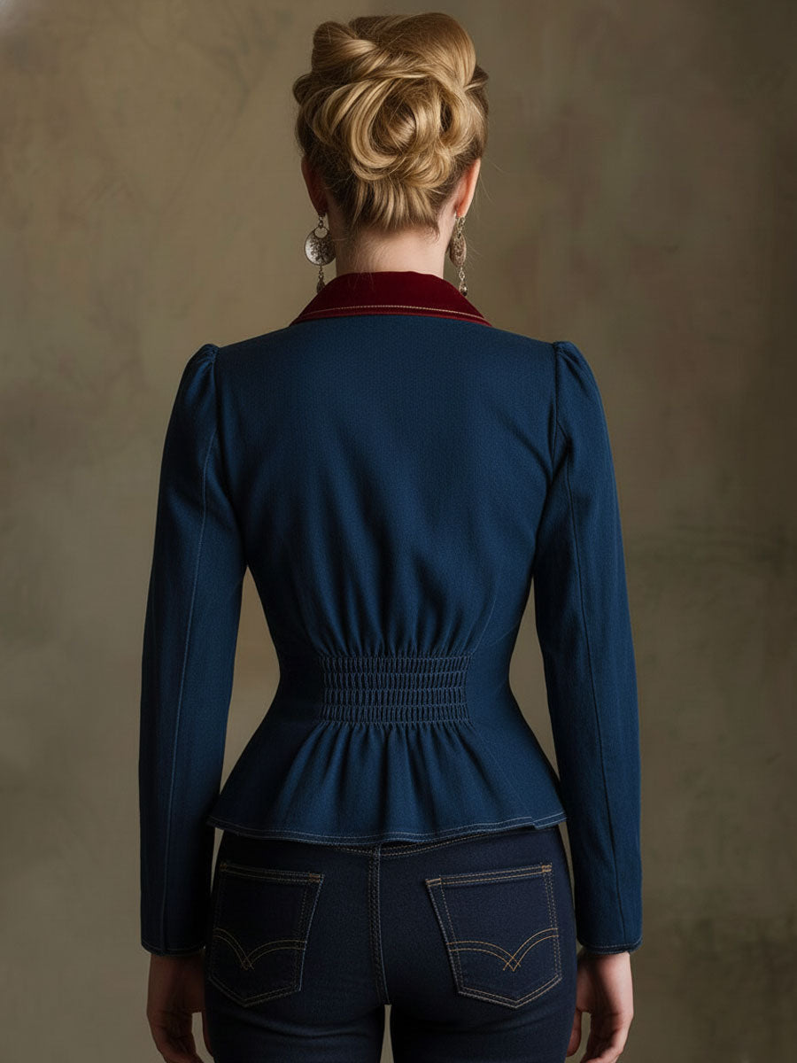 Retro Velvet Lapel Embroidered Dark Blue Denim Fitted Ruffled Blazer