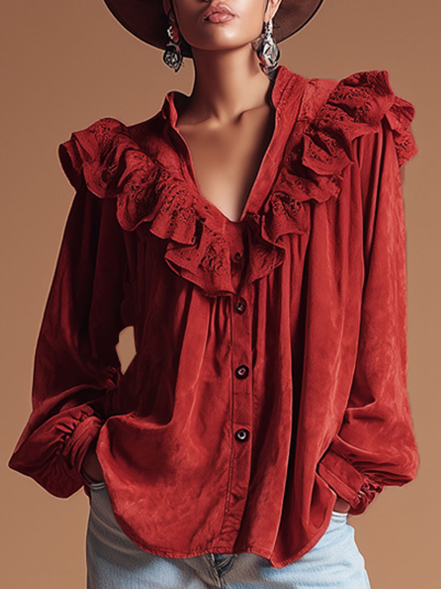 Western Retro Lace Ruffled Red Faux Suede Long-Sleeved Shirt