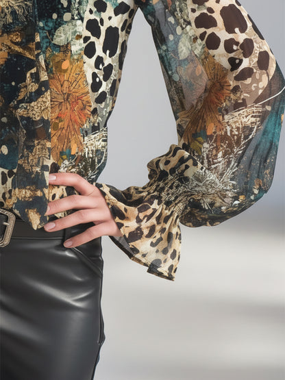 Retro-chic Art Print Chiffon Ribbon Shirt